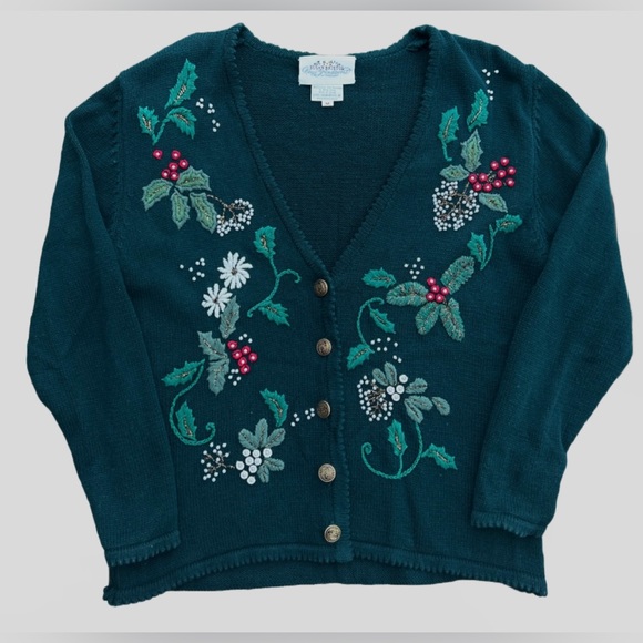 Susan Bristol Sweaters - Susan Bristol Christmas Sweater Knit Beaded Embroidered Mistletoe VTG 1993 Sz M